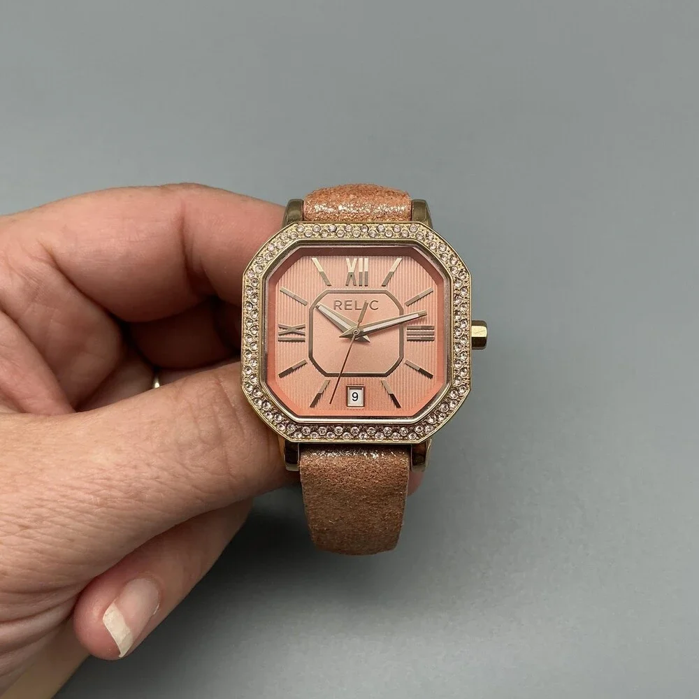 Relic ZR34181 Womens Watch 33mm Octagon Gold Tone Crystals Leather New Battery
